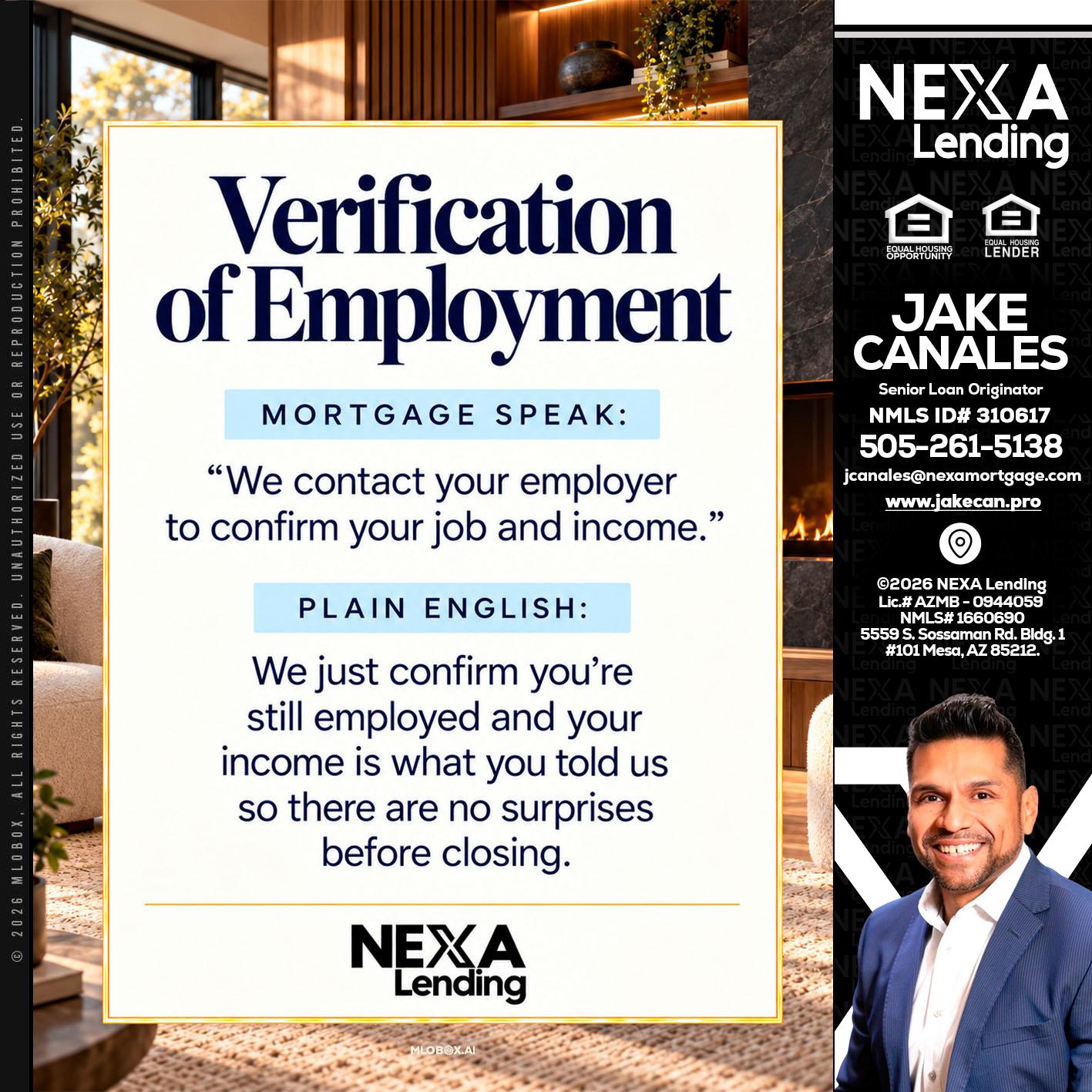 VERIFICATION OF EMPLOYMENT - Jake Canales -Senior Loan Originator